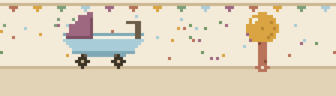 Pixel art scene of a pram and a rattle under paper bunting, with soft confetti dots