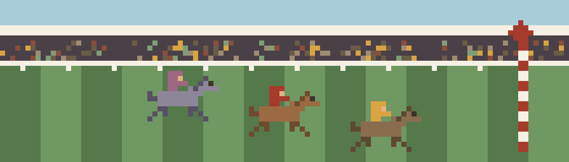 Pixel art racetrack with a grandstand crowd, three galloping racehorses, and a red and white finish post