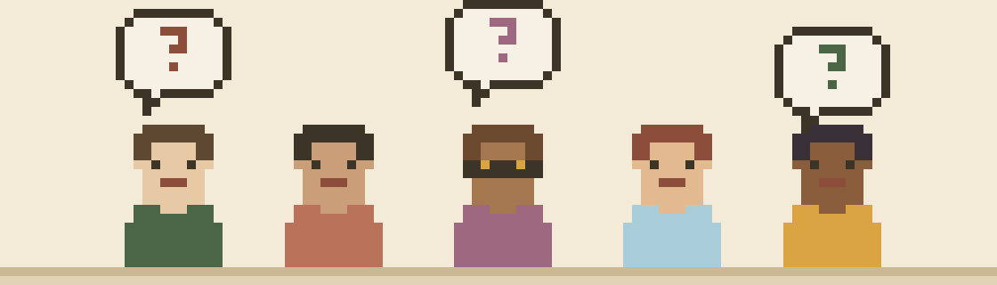 Pixel art of a few little people with speech bubbles full of question marks, and a disguise mask