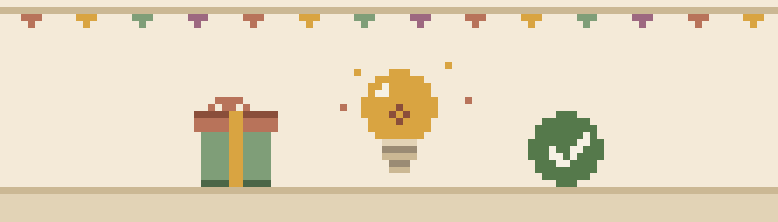 Pixel art of a glowing lightbulb between a wrapped gift and a green tick