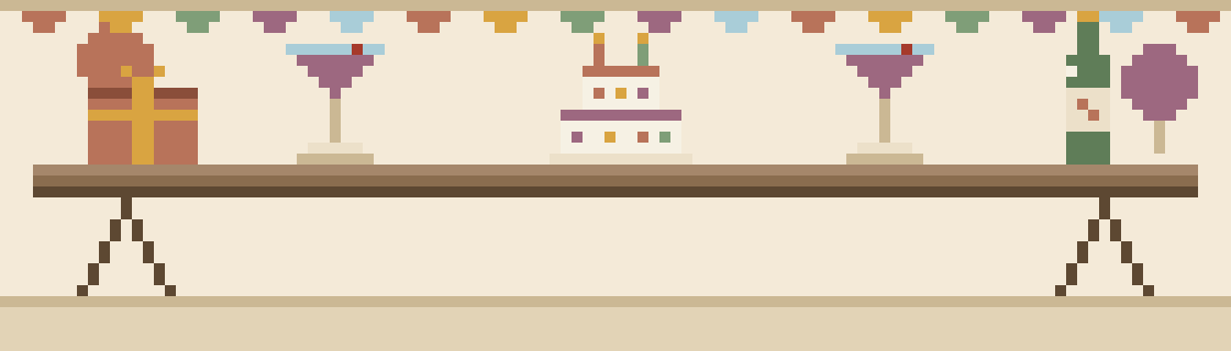 Pixel art party table with a tiered cake, cocktails, a champagne bottle and a wrapped gift, under a string of bunting