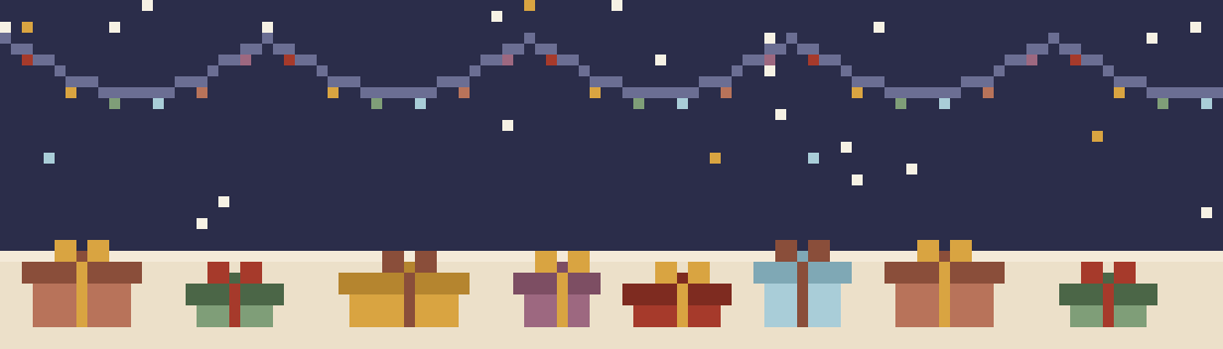 Pixel art of a string of fairy lights over a row of wrapped presents against an evening sky