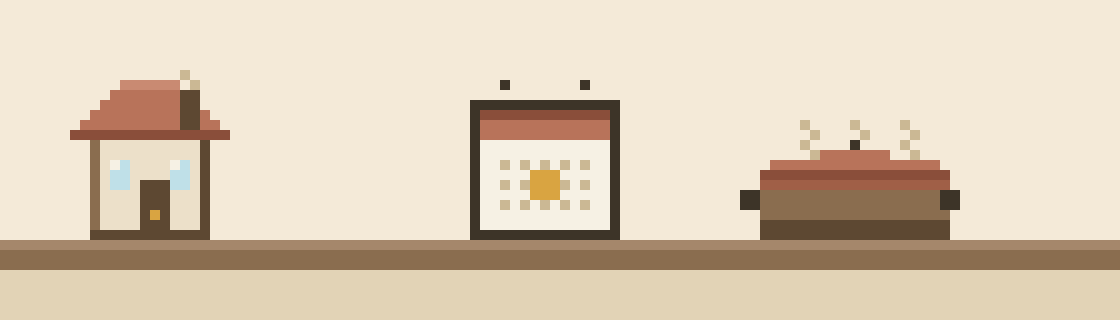 Pixel art of a little house, a wall calendar with a day marked, and a steaming casserole dish ready to drop off