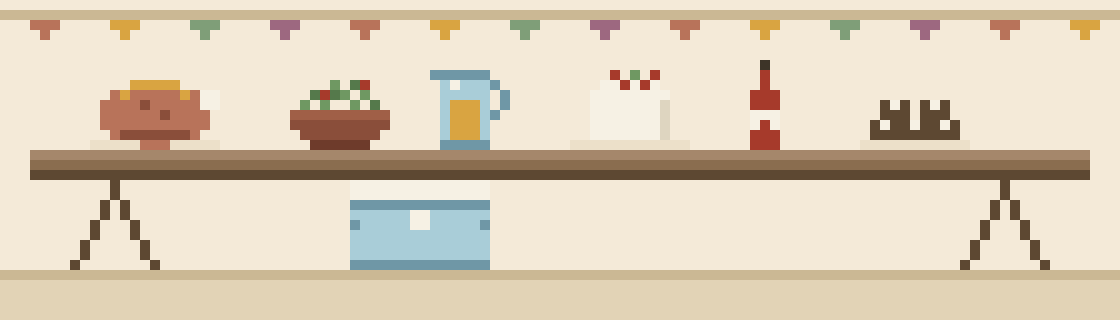 Pixel art trestle table laden with a glazed ham, salad, jug, pavlova and lamingtons, with an esky underneath