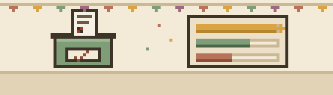 Pixel art ballot box with a slip going in, beside a little bar chart of results with the leader in gold