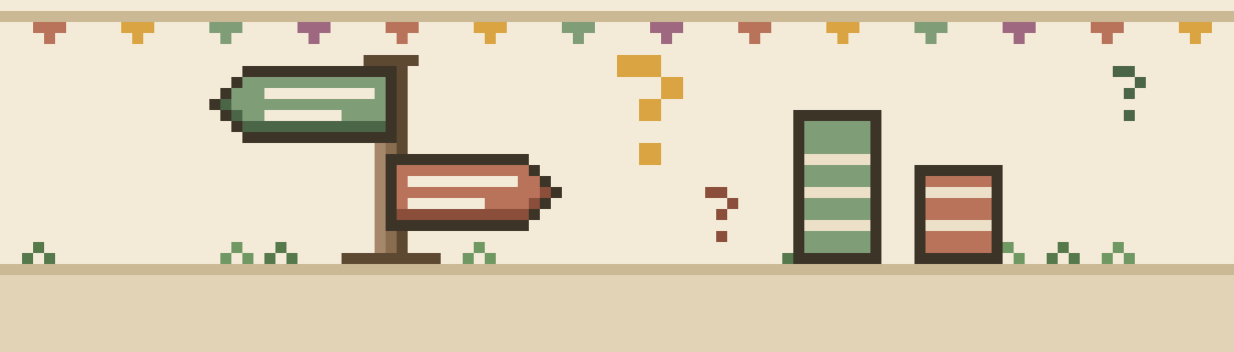 Pixel art desk calendar showing a question mark, with two big vote buttons marked A and B beside it