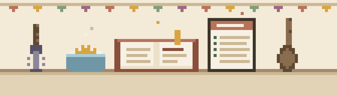 Pixel art kitchen bench with a little recipe book standing open, a handwritten recipe card, a whisk, a wooden spoon and a mixing bowl