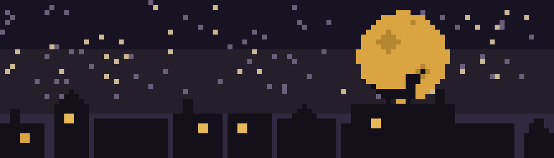 Pixel art night scene: a gold moon over village rooftops with lit windows, and a wolf howling on a roof