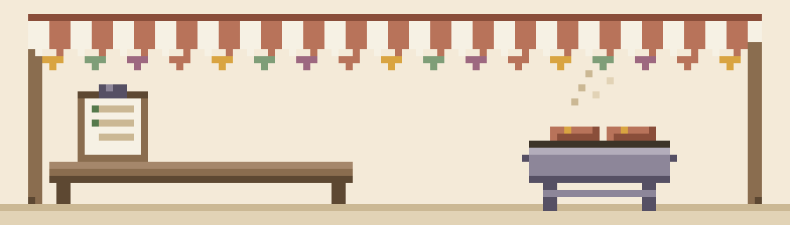 Pixel art canteen marquee with a sign-up clipboard and a sausage-sizzle grill with a couple of snags on it