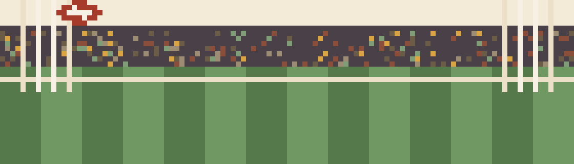 Pixel art footy field with goal posts, a crowd, and a ball sailing through